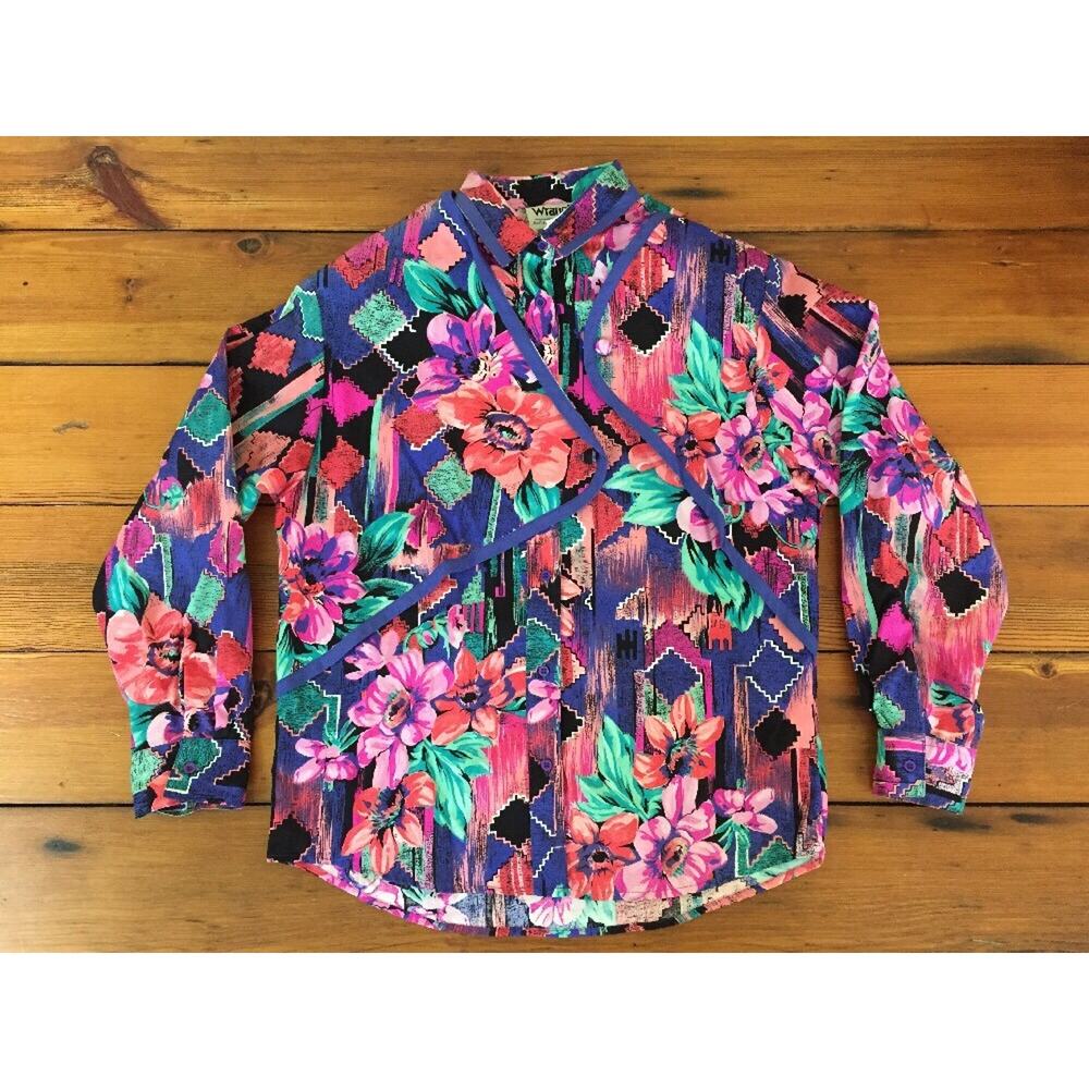Vtg Wrangler Pink Purple Teal Southwestern Floral Long Sleeve Button Shirt L 42"